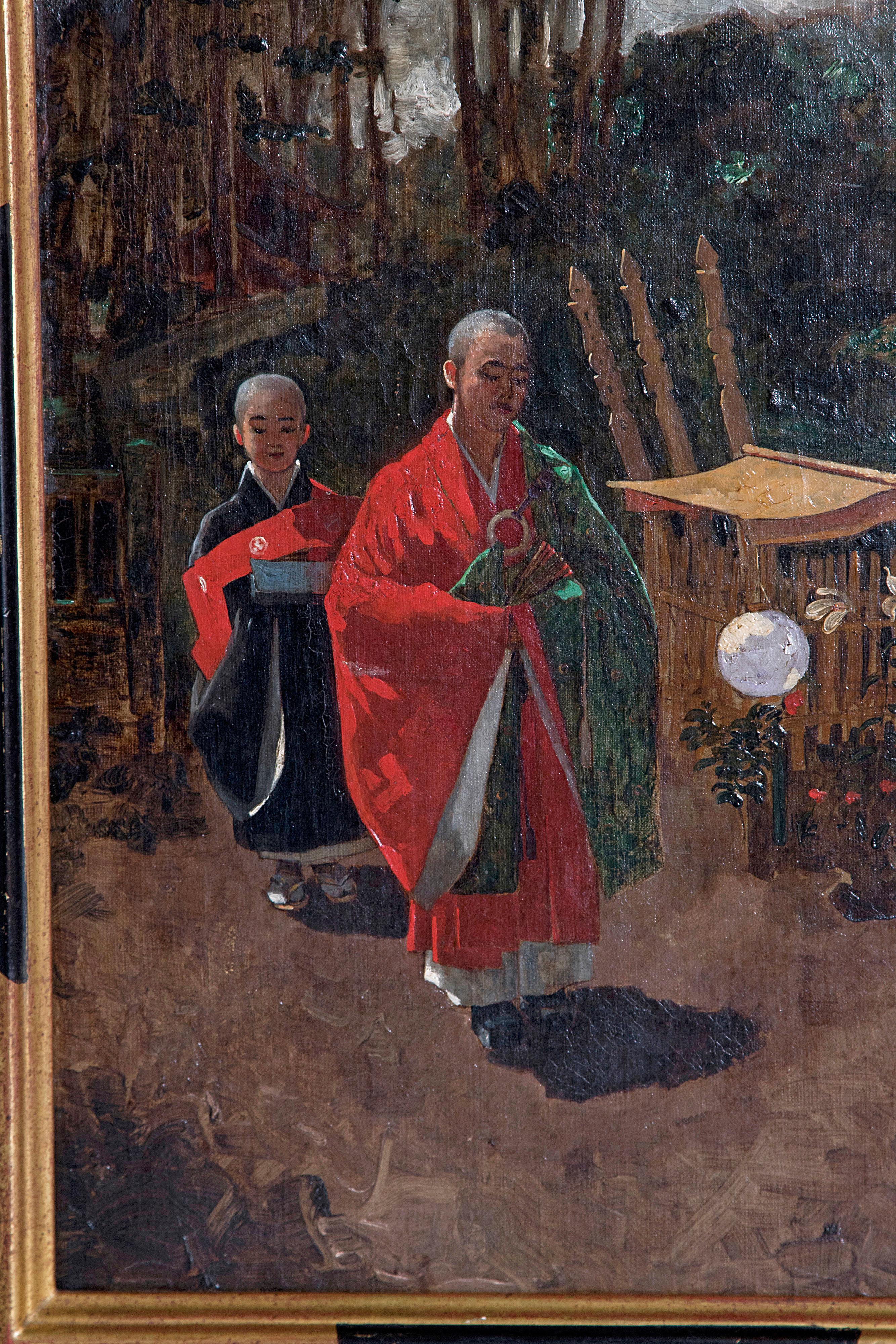 Gilt 19th Century Oil on Canvas Japanese Monks in a Landscape by Francis Neydhart For Sale