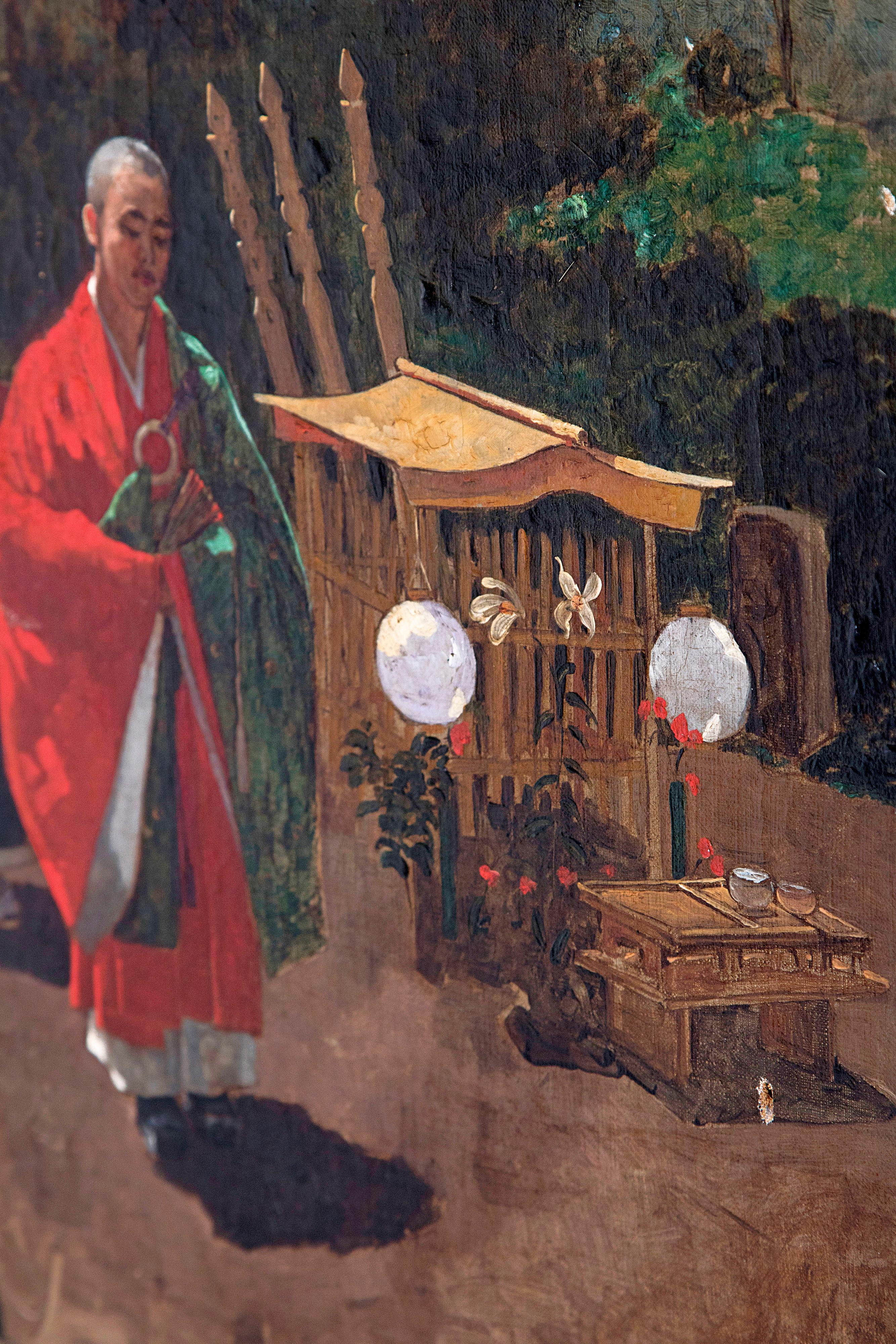 Doré Huile sur toile du XIXe siècle Moines japonais dans un paysage par Francis Neydhart en vente