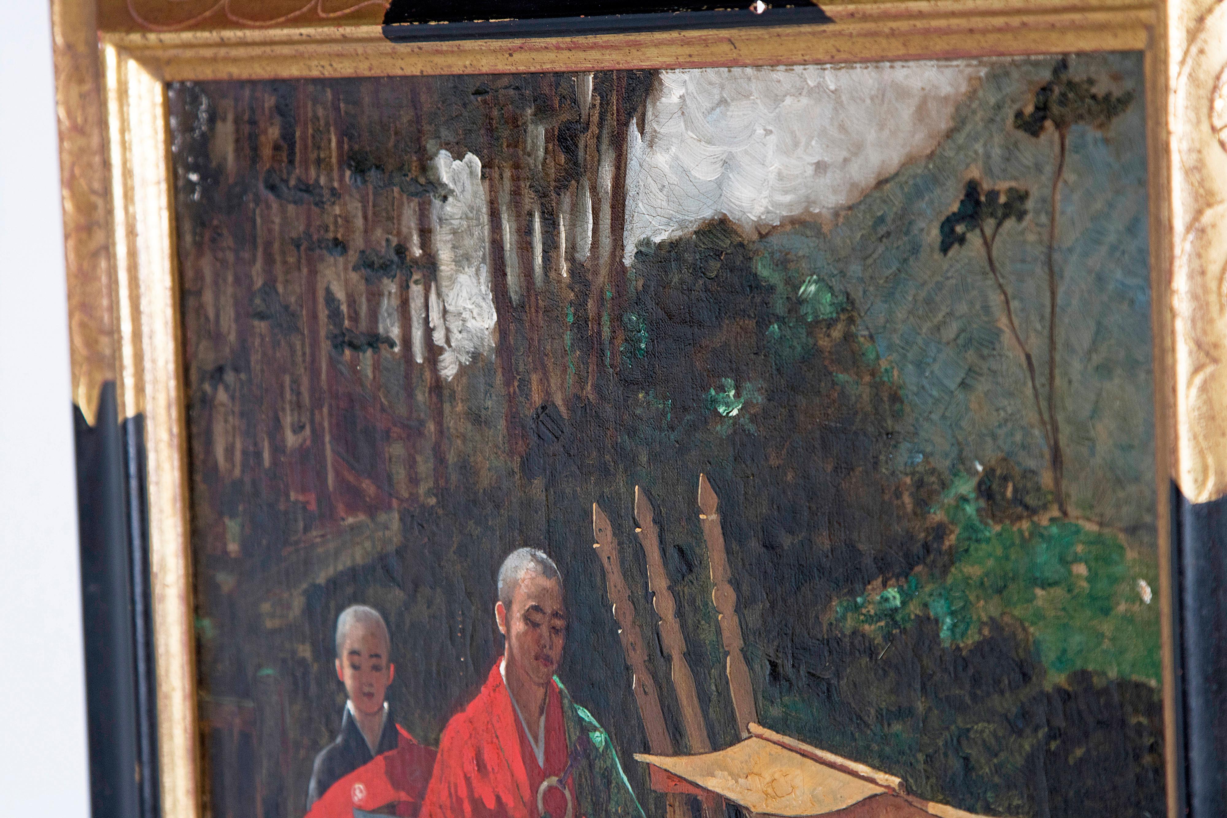 19th Century Oil on Canvas Japanese Monks in a Landscape by Francis Neydhart For Sale 1