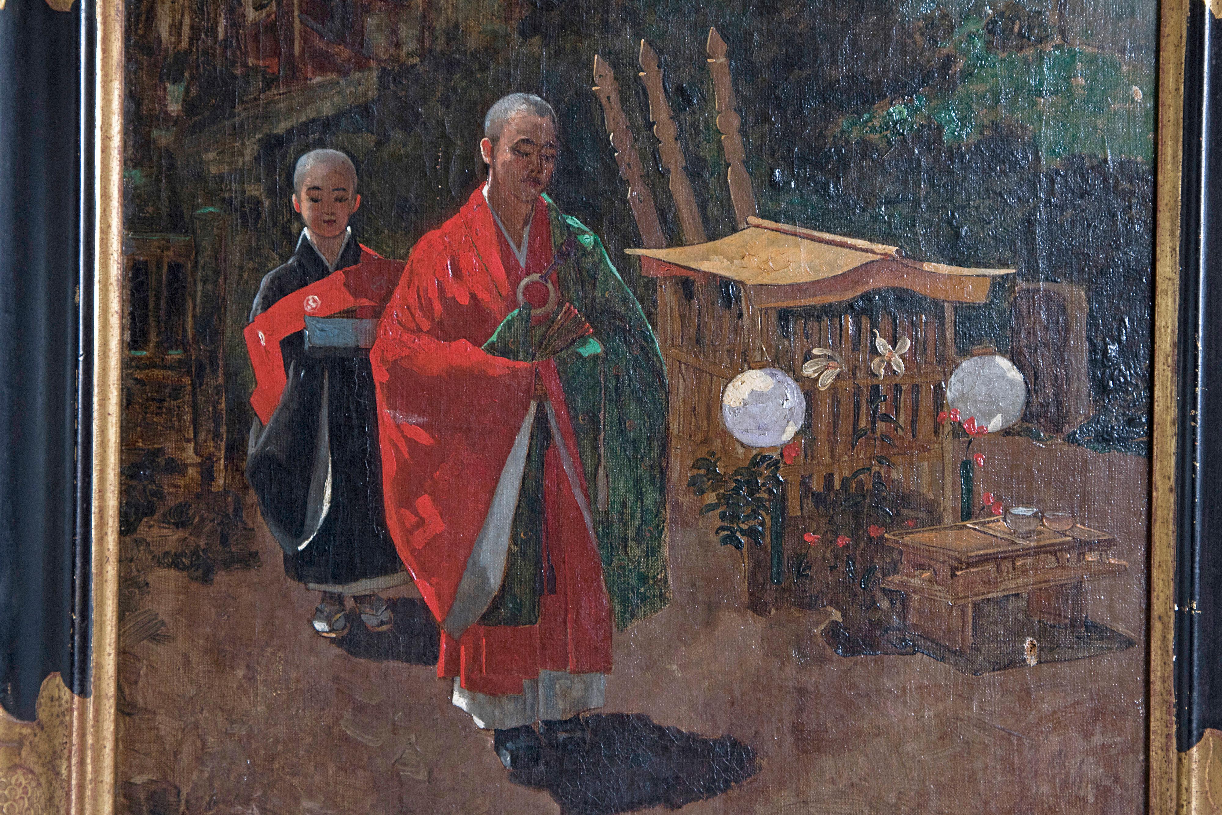 19th Century Oil on Canvas Japanese Monks in a Landscape by Francis Neydhart For Sale 2