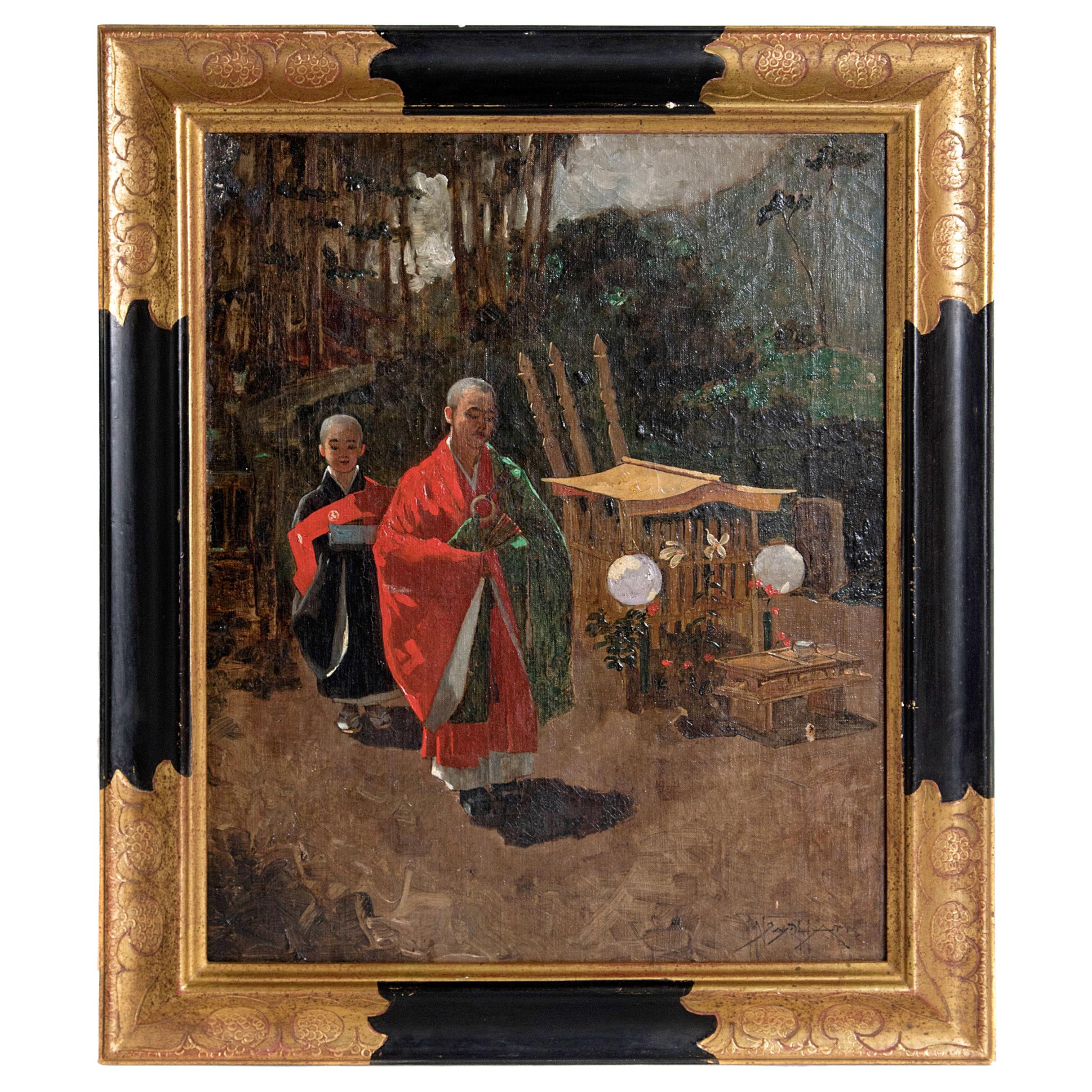 19th Century Oil on Canvas Japanese Monks in a Landscape by Francis Neydhart