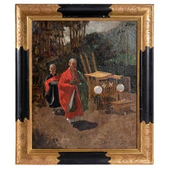 Antique 19th Century Oil on Canvas Japanese Monks in a Landscape by Francis Neydhart