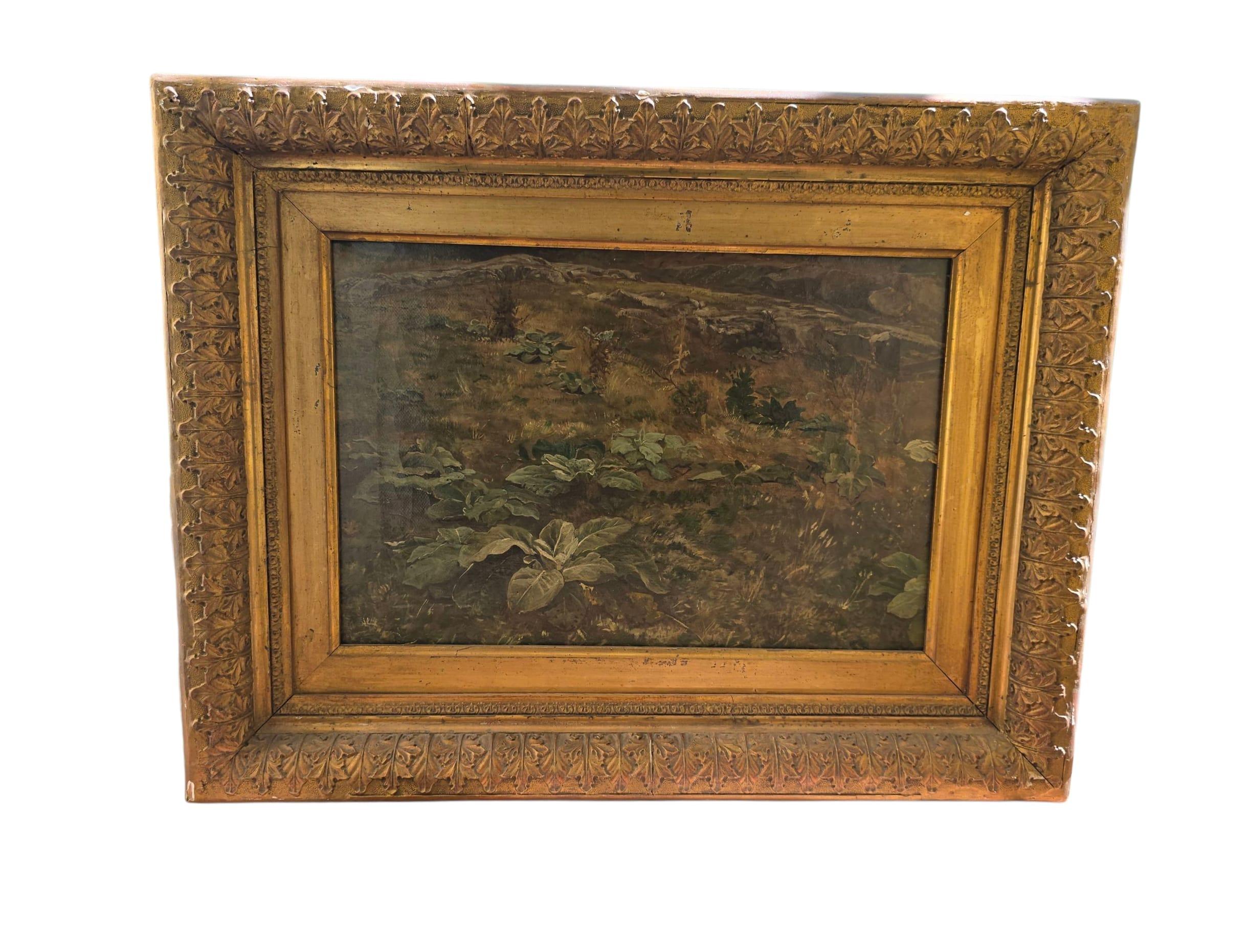 Dekorative Öl-auf-Leinwand-Landschaft aus dem 19. Jahrhundert, die eine üppige Naturszene mit üppiger Vegetation darstellt, später neu liniert.
Das in einem antiken Goldholzrahmen präsentierte Werk zeigt warme Farbtöne und eine fein ausgewogene
