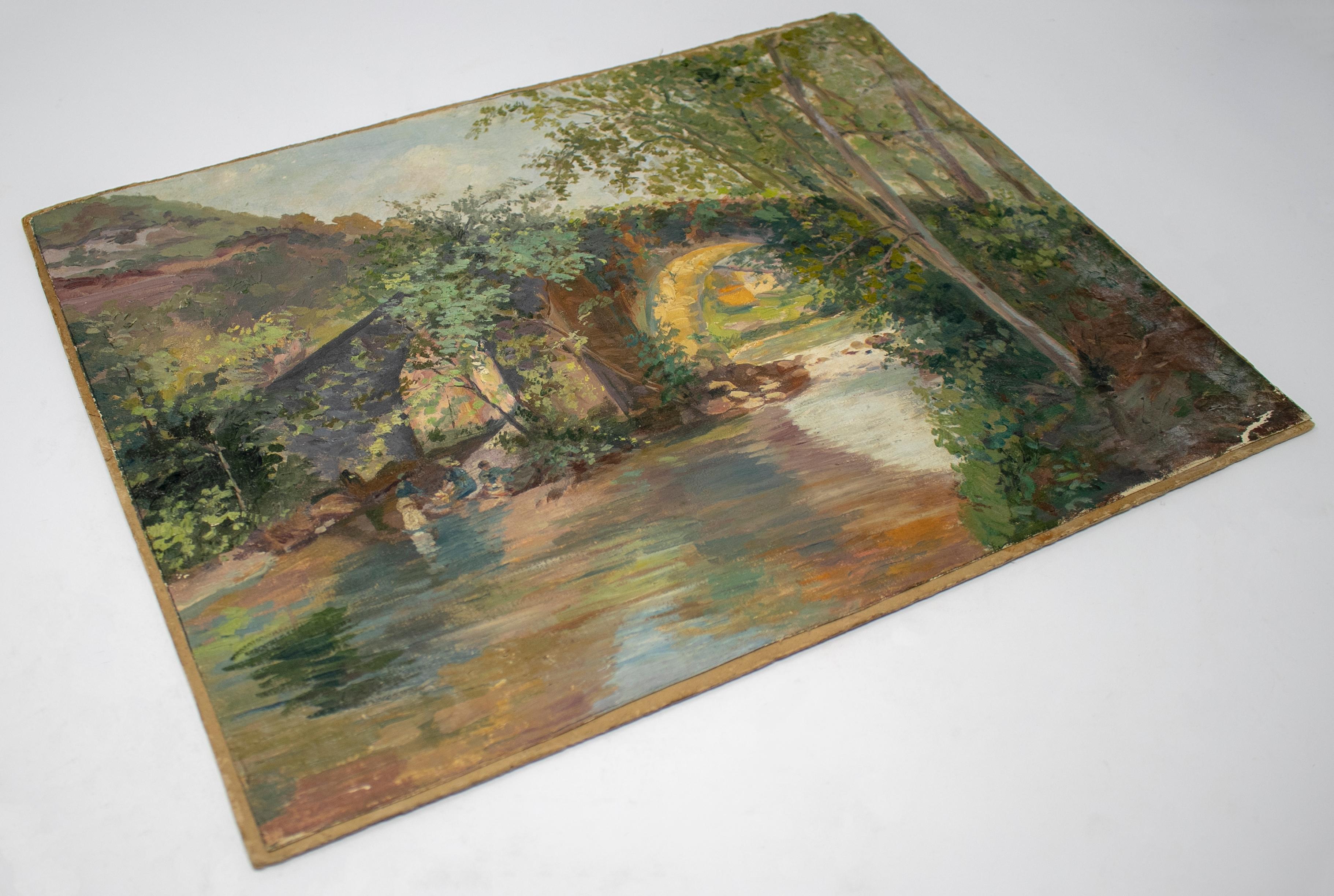 Spanish 19th Century Oil on Canvas Landscape with Bridge For Sale