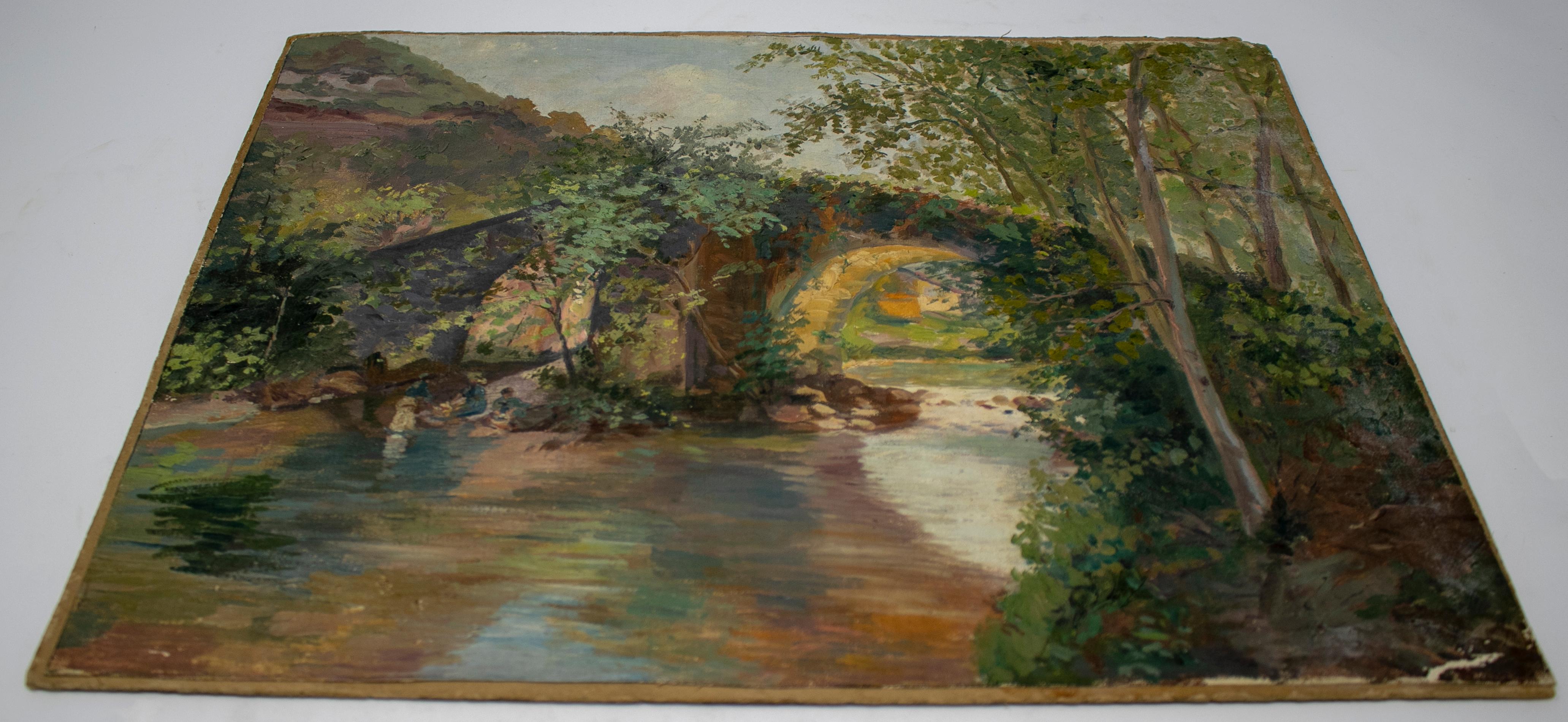 19th Century Oil on Canvas Landscape with Bridge In Good Condition For Sale In Marbella, ES