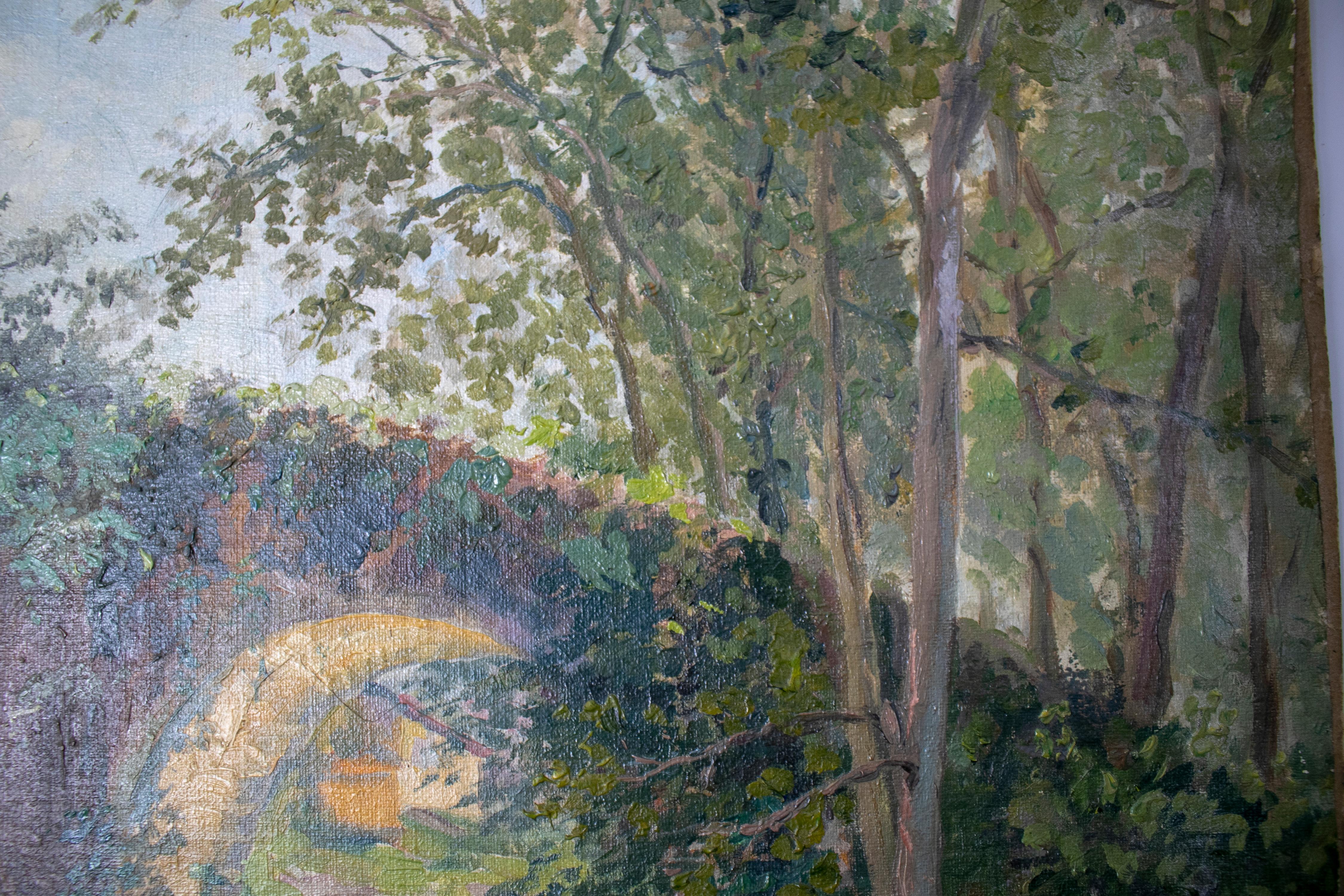 Papier huile sur toile du 19ème siècle Paysage avec pont en vente