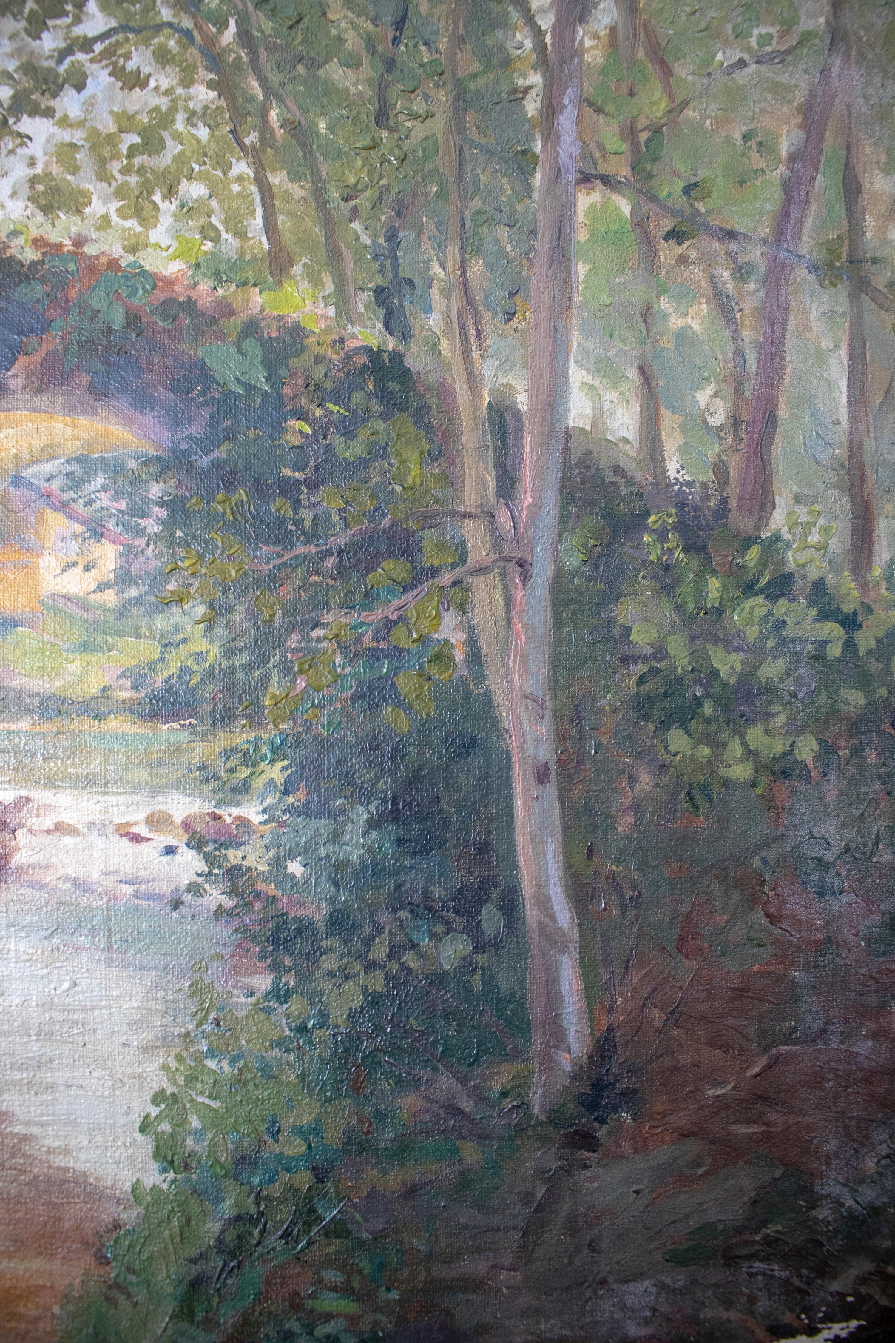 huile sur toile du 19ème siècle Paysage avec pont en vente 1