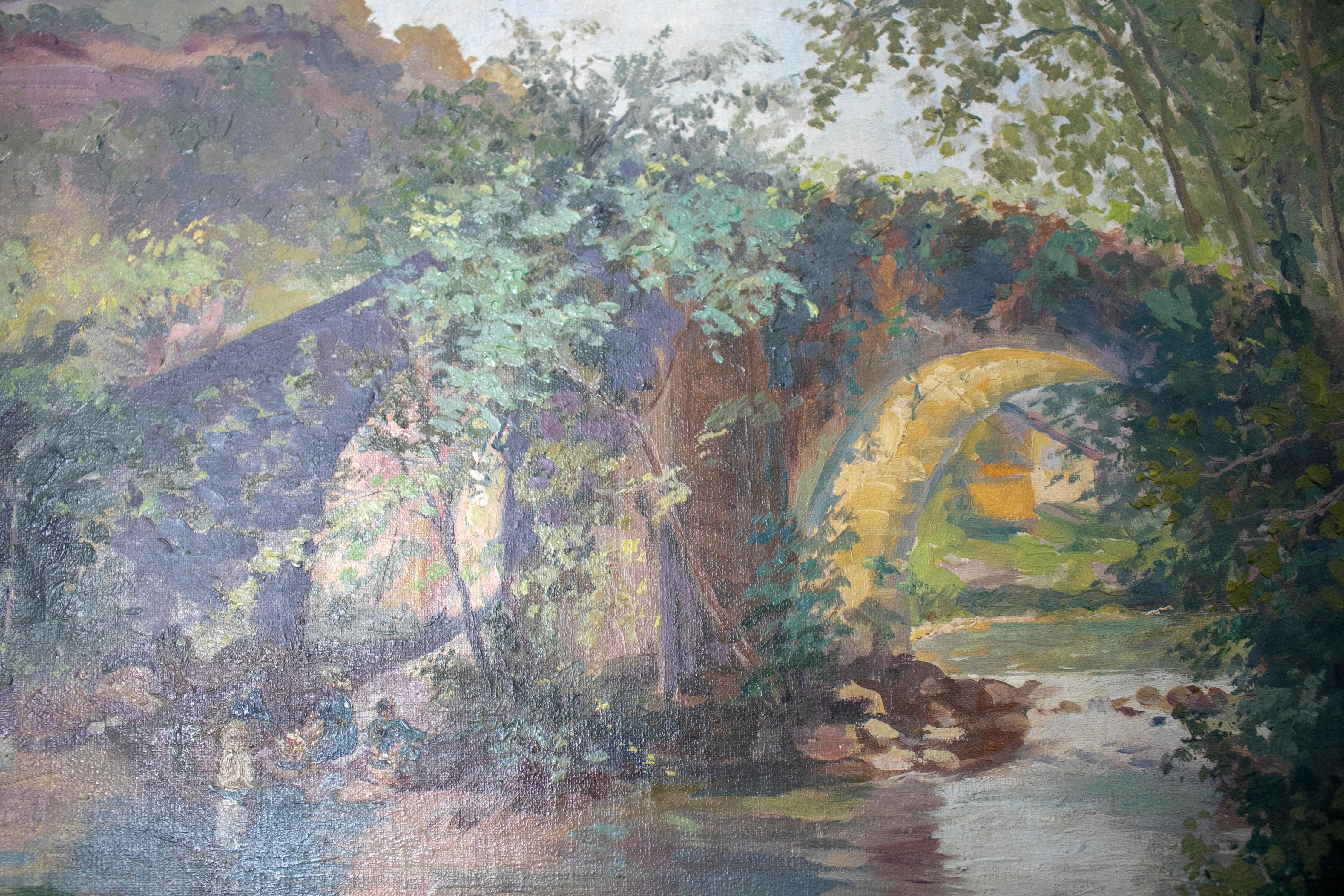 19th Century Oil on Canvas Landscape with Bridge For Sale 3