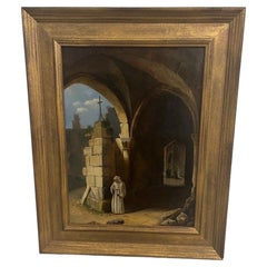 Antique 19th Century Oil on Canvas Monastery Interior