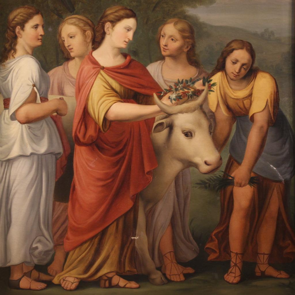 Magnifique tableau mythologique italien de la première moitié du XIXe siècle. Une grande huile sur toile, première toile, représentant le mythe d'Europa. Selon la légende, Zeus, amoureux de la princesse phénicienne, se transforma en taureau blanc