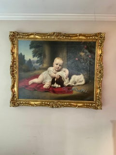 19TH century oil on canvas of a child and spaniel