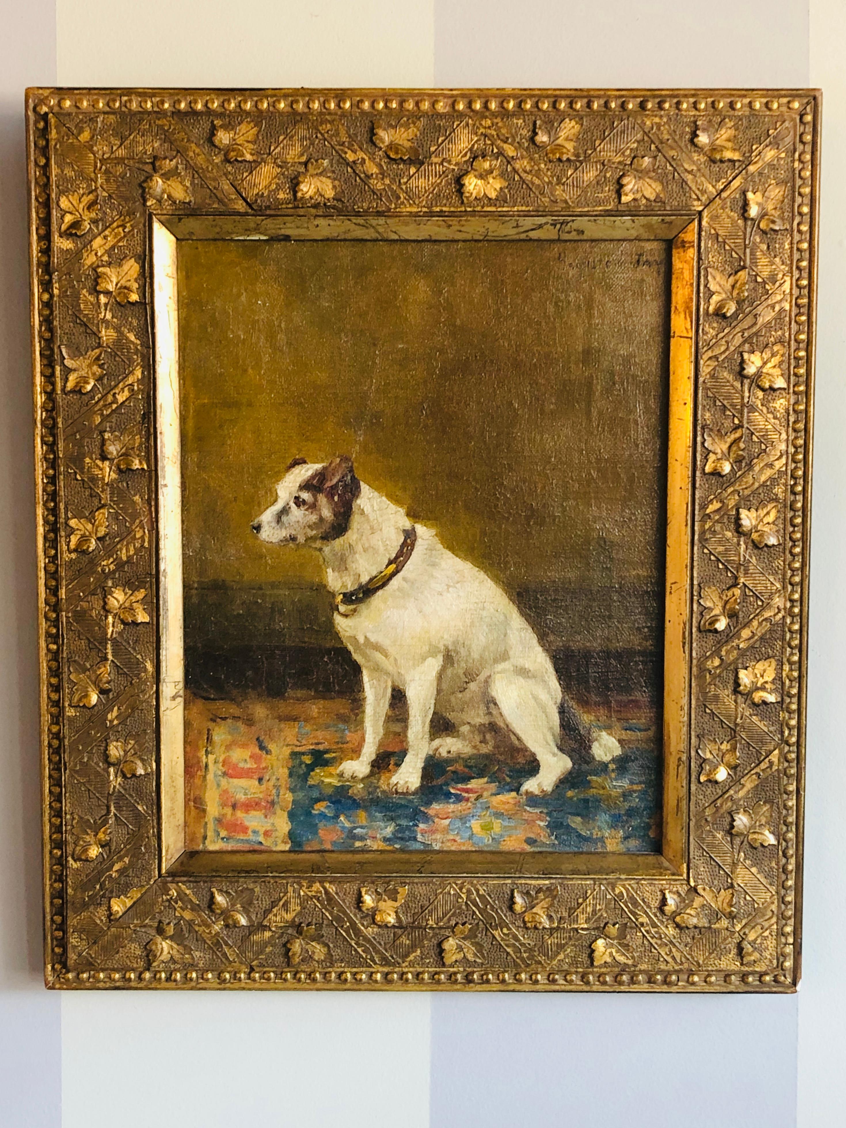 19th century oil on canvas of a sitting dog 