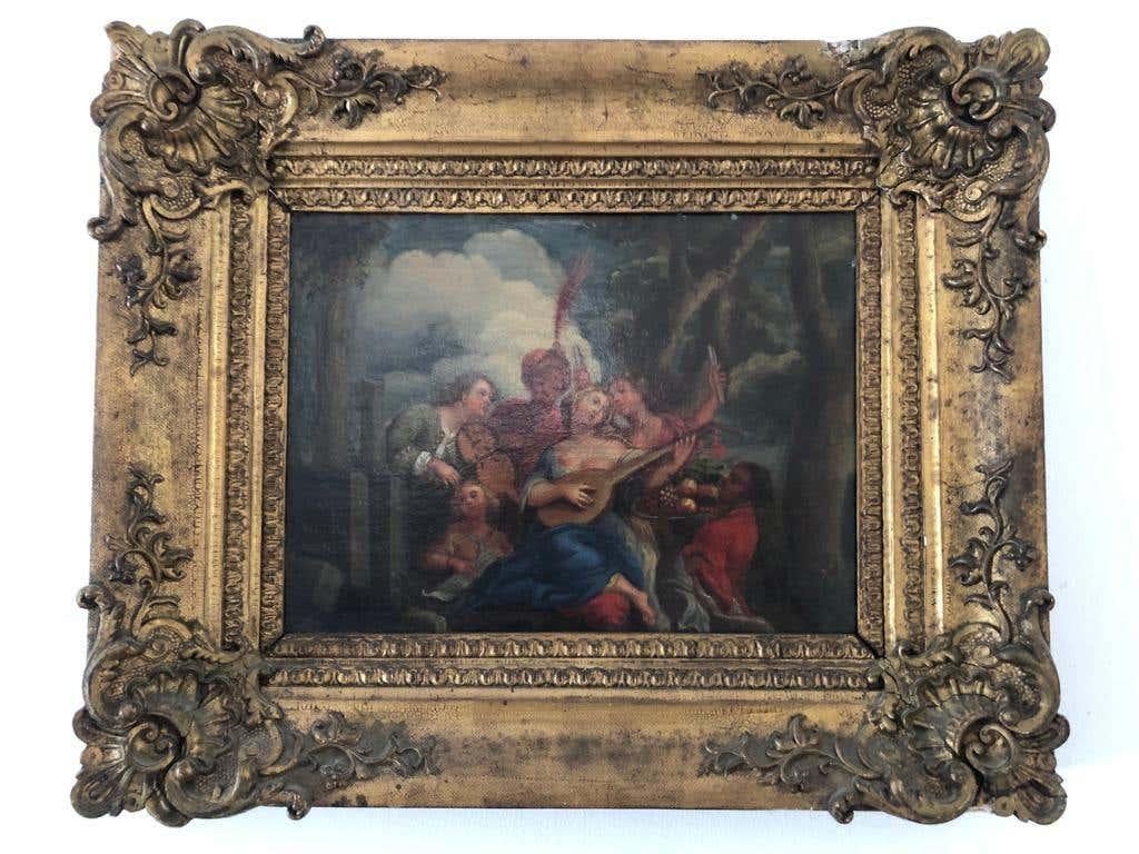 italien Huile sur toile du 19e siècle représentant une famille lors d'un pique-nique du 4 juillet en vente