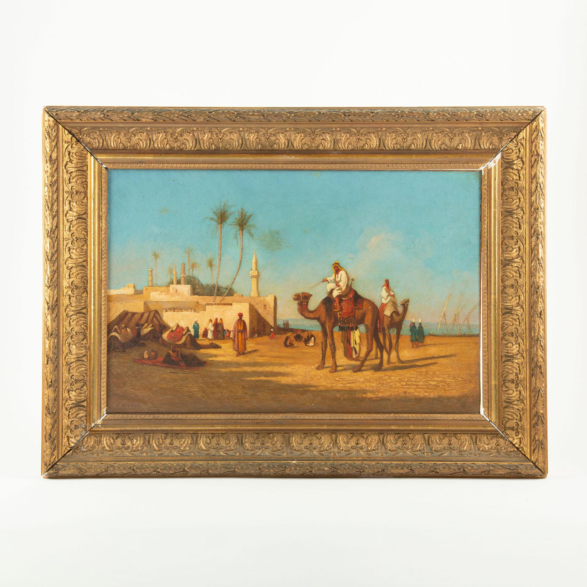 19th Century Orientalist Oil on Canvas by Étienne Billet (1821–1888), depicting a lively coastal village scene with figures, camels, palm trees, whitewashed architecture, and a mosque set against a vivid blue sky and calm seascape. The composition