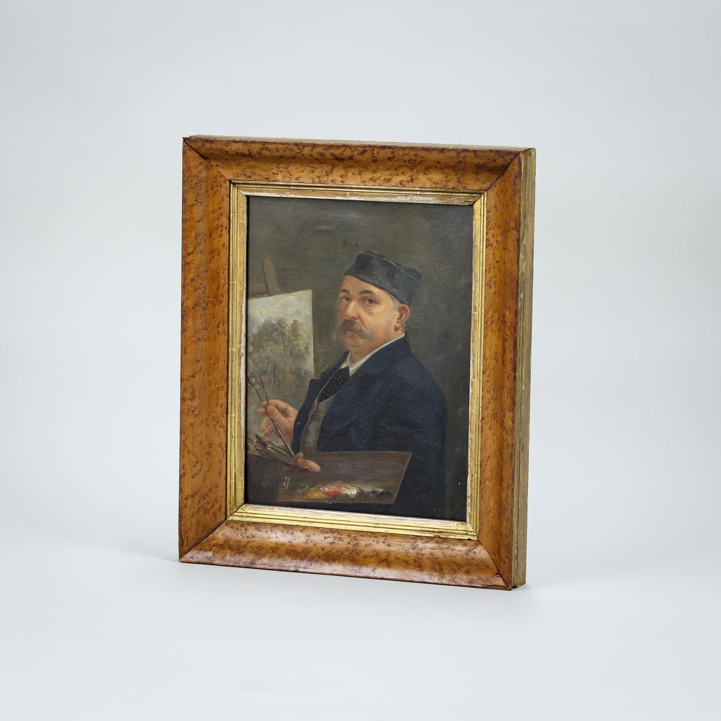 Olio su tela del XIX secolo raffigurante un artista al lavoro, con tavolozza e pennello in mano e opera d'arte alle spalle, splendidamente eseguita con lo sguardo penetrante del soggetto. Rilegato (inizio del XX secolo). Francia, circa 1860.