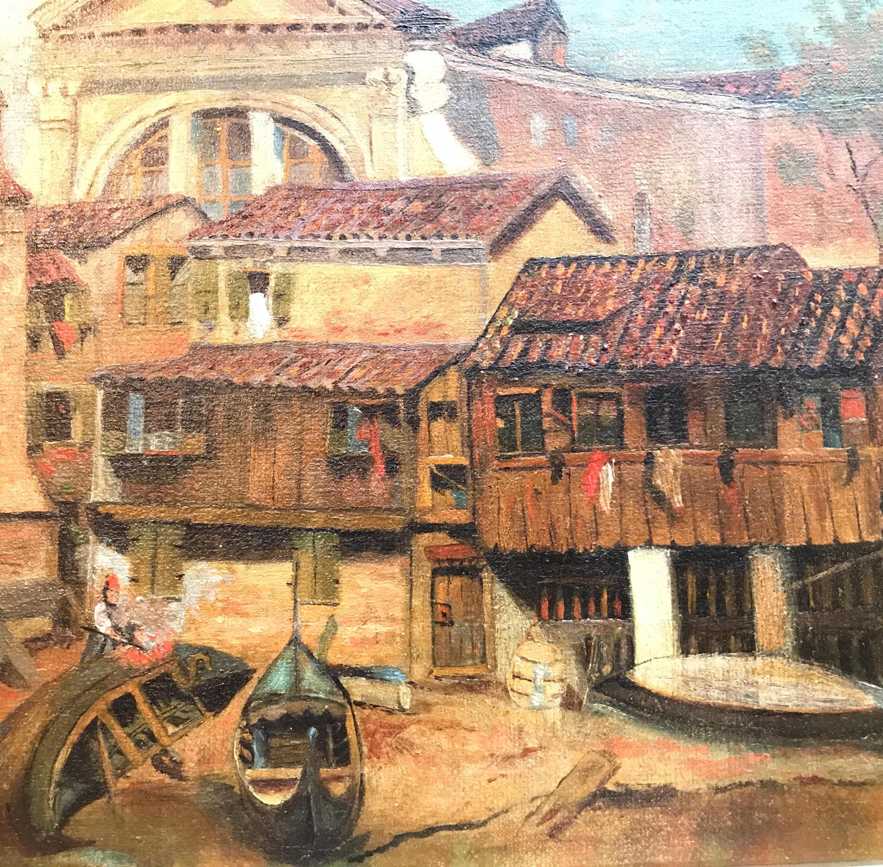 Painted 19th Century Oil on Canvas of an Italian Fishing Port