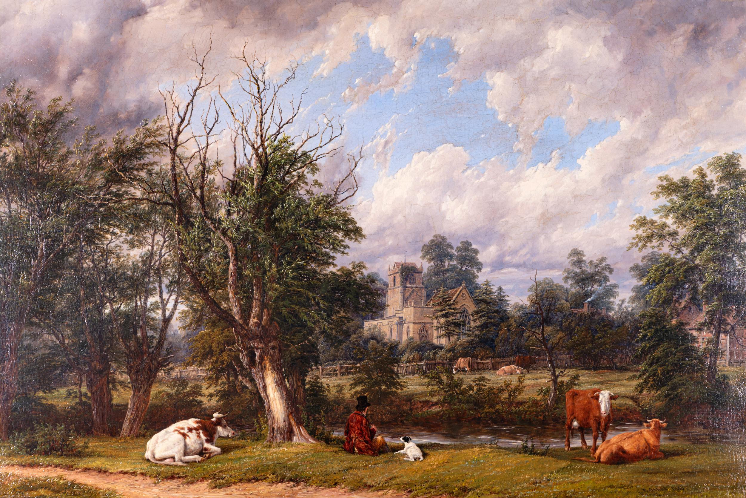 Victorian 19th Century Oil On Canvas Of English Pastoral Landscape By Thomas Baker For Sale
