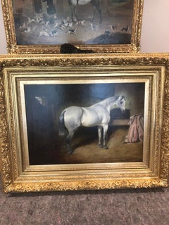 19TH century oil on canvas of gray horse in stable