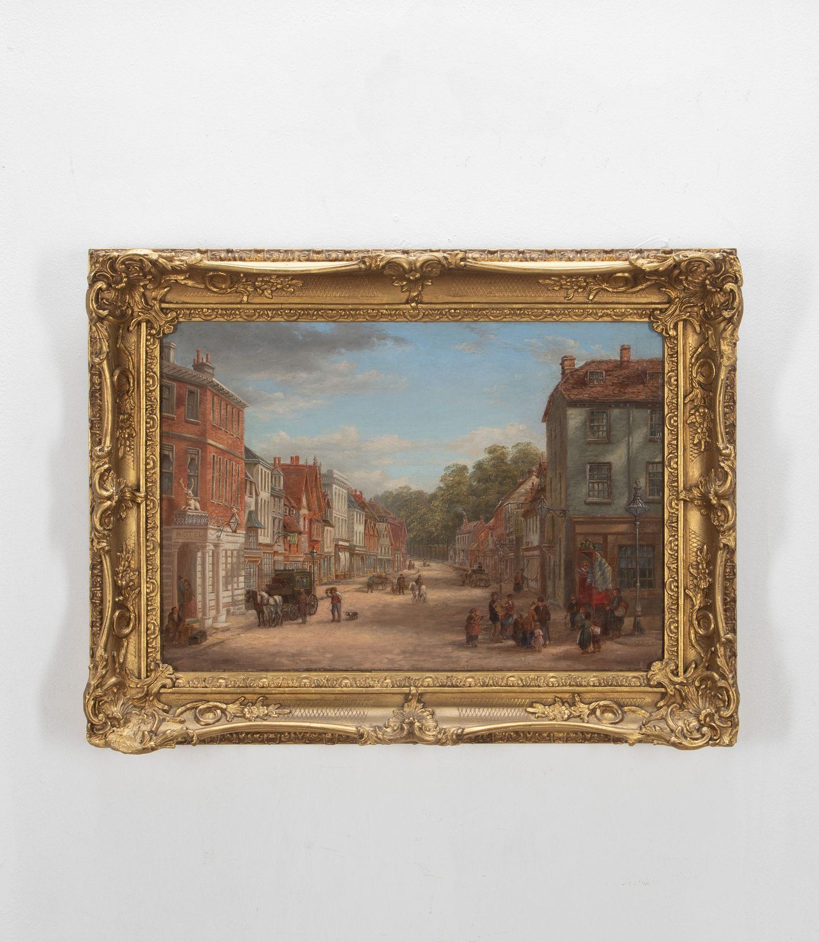 Ein gut ausgeführtes Öl auf Leinwand aus dem 19. Jahrhundert mit einer aktiven Straßenszene in der Bell Street in Reigate.
Farbenfrohes und detailliertes Gebäude des White Hart, des Bell Pubs und der Häuser, mit Pferden und Wagen, Erwachsenen und