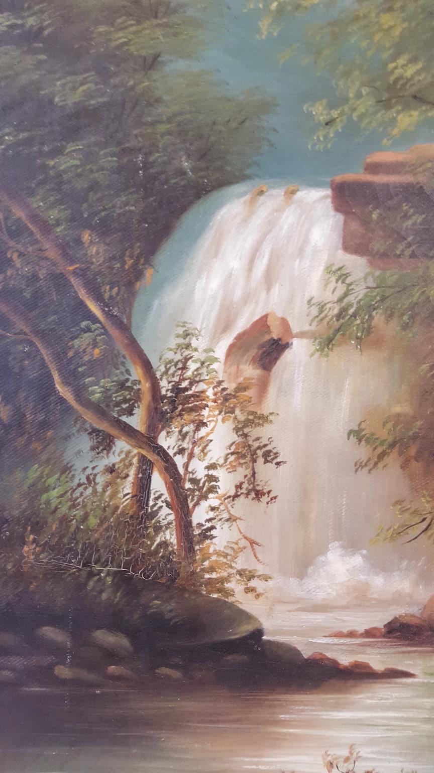 An unsigned, unframed, oil painting on canvas. This painting is peaceful, charming and in very good condition. It is tacked to its original wood stretcher bars.