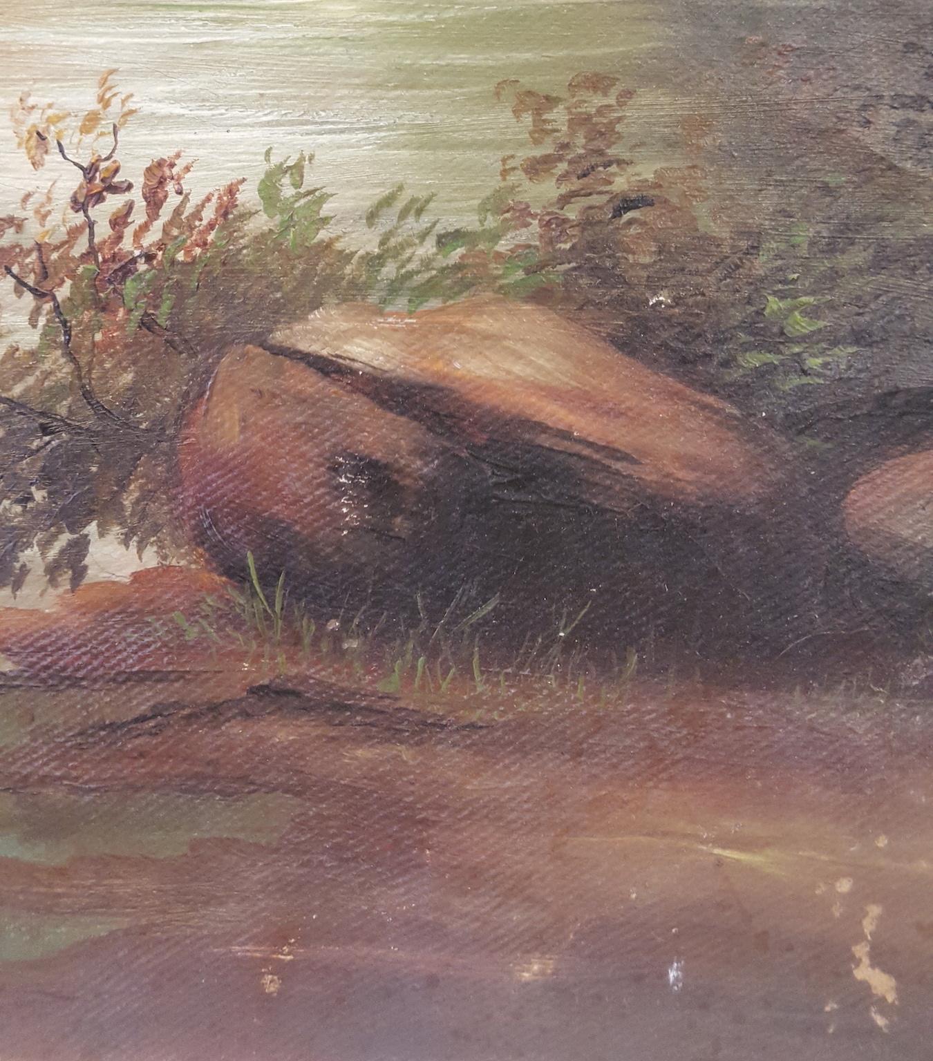 Estetismo Olio su tela del XX secolo raffigurante una cascata romantica in un bosco in vendita