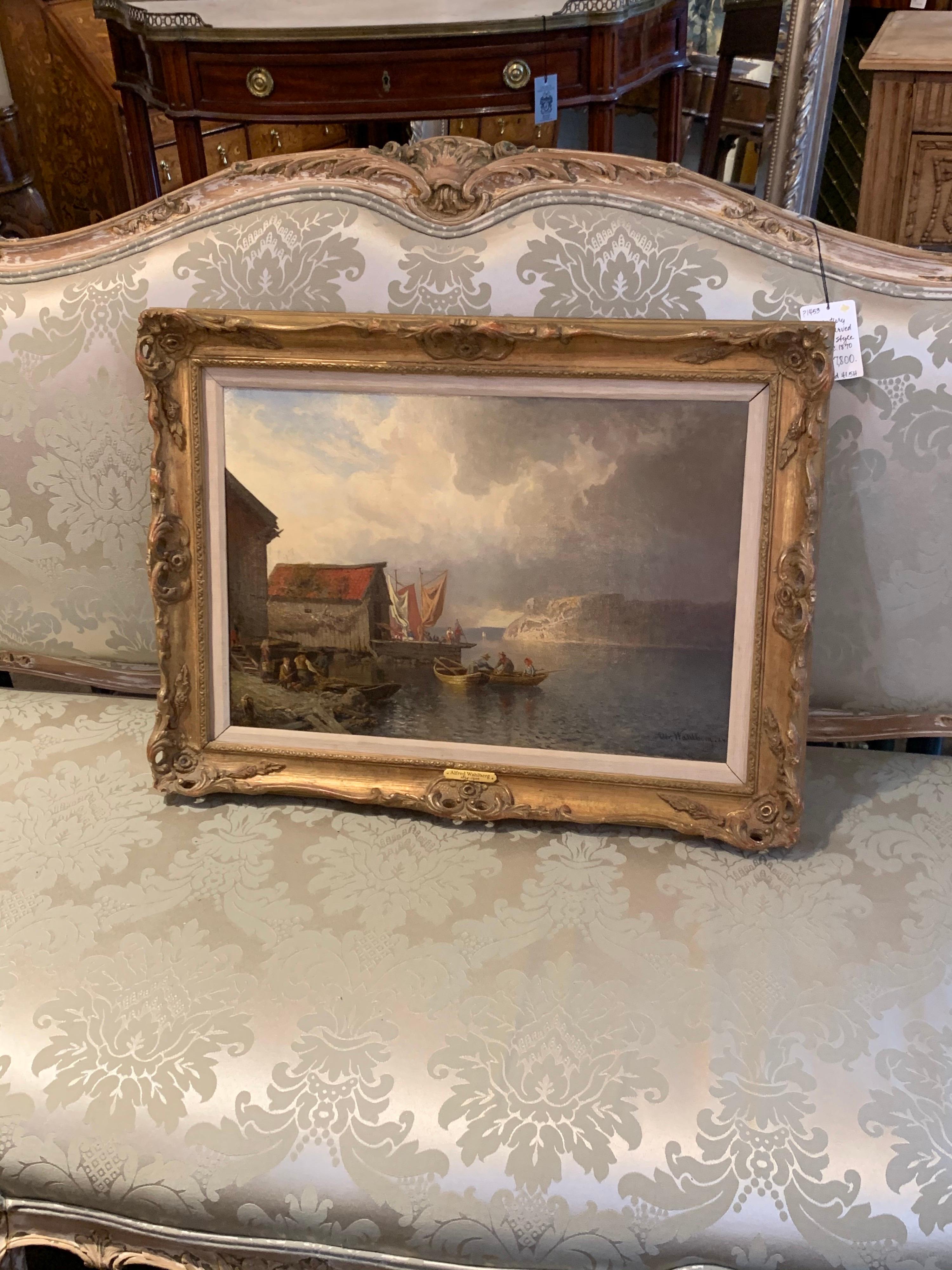 Very fine 19th century oil on canvas painting by Swedish artist Alfred Whalberg. This painting depicts a tranquil harbor scene. Beautiful details and colors on this painting. A lovely piece of art in nice carved giltwood frame!