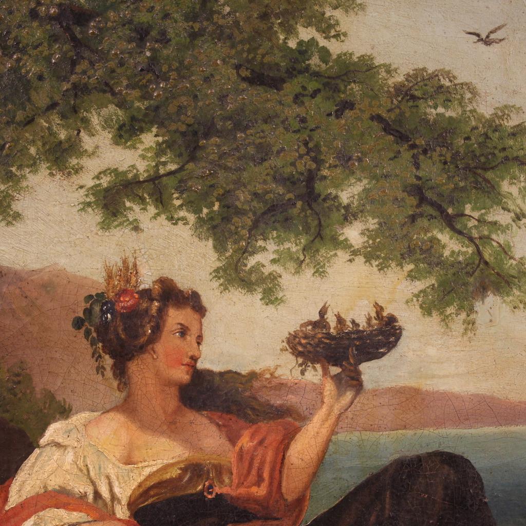 19th Century Oil on Canvas Oval Italian Painting Allegory of Spring, 1880 7