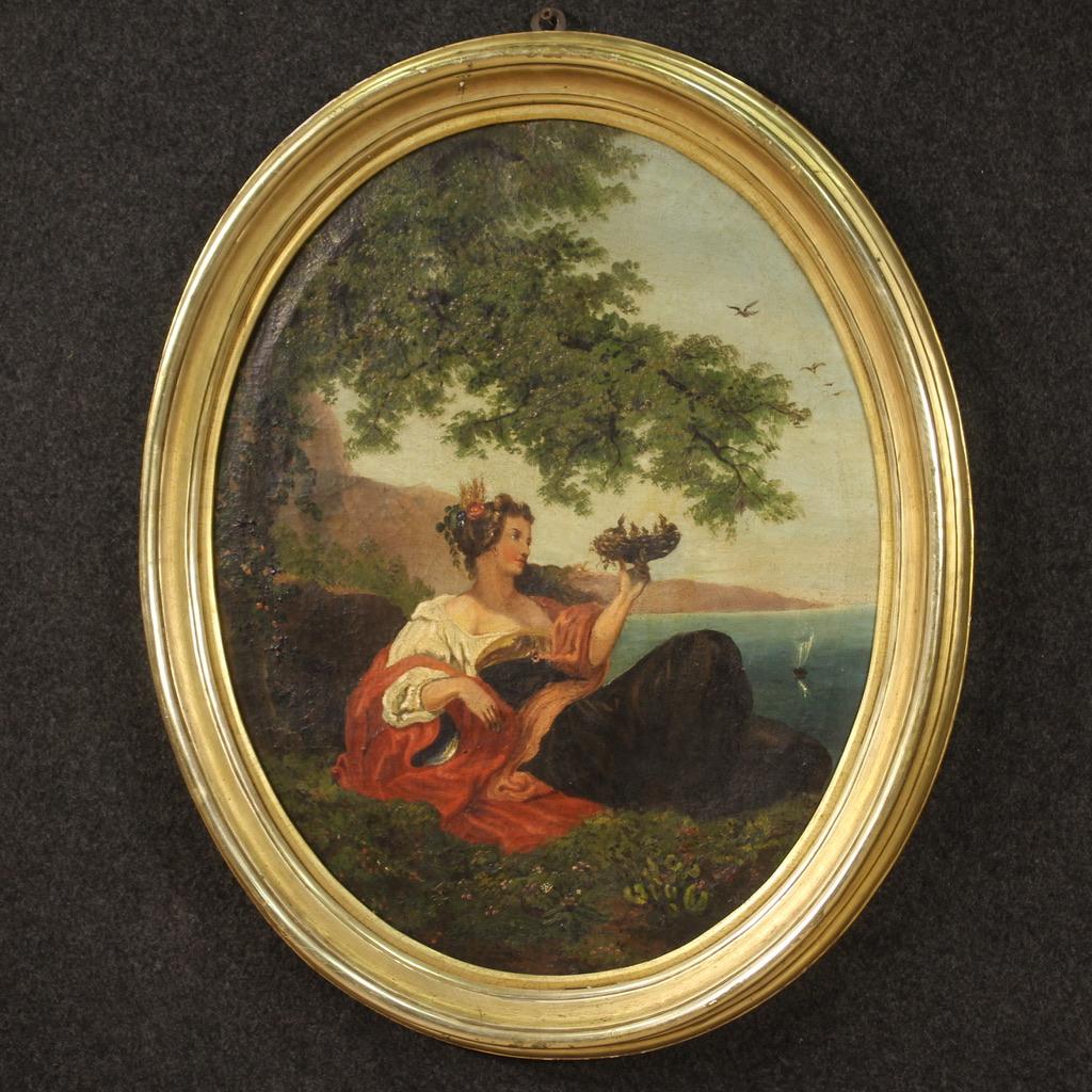 19th Century Oil on Canvas Oval Italian Painting Allegory of Spring, 1880 8