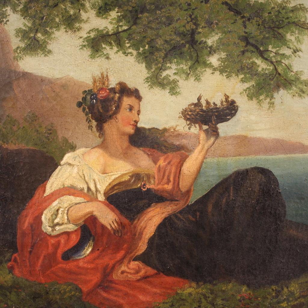 Elegant Italian painting from the late 19th century. Artwork oil on canvas, first canvas with original stretcher, depicting an Allegory of Spring of good pictorial quality. Oval-shaped artwork adorned with a carved and gilded frame, of beautiful