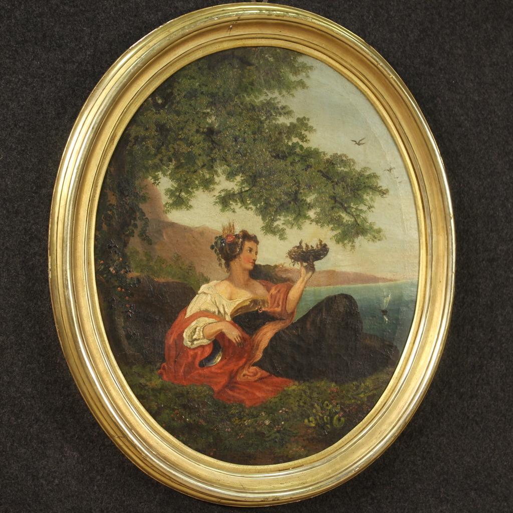 19th Century Oil on Canvas Oval Italian Painting Allegory of Spring, 1880 3