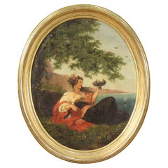 19th Century Oil on Canvas Oval Italian Painting Allegory of Spring, 1880