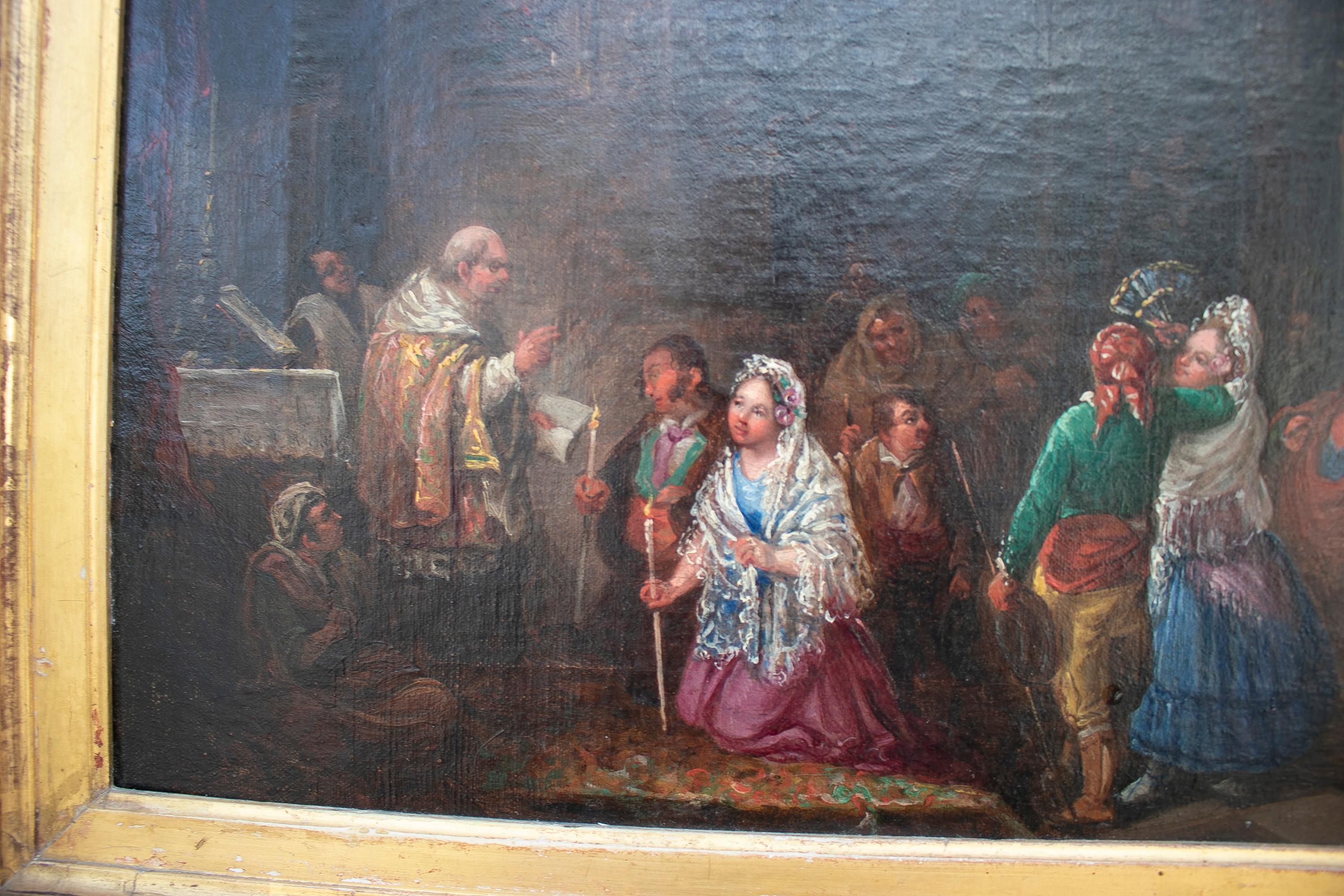 Antike 19. Jahrhundert Öl auf Leinwand Menschen Malerei zugeschrieben Eugenio Lucas Villamamil, mit Akanthus und foliate vergoldetem Holz und Gesso Rahmen

Maße mit Rahmen: 67 x 48 x 7 cm.