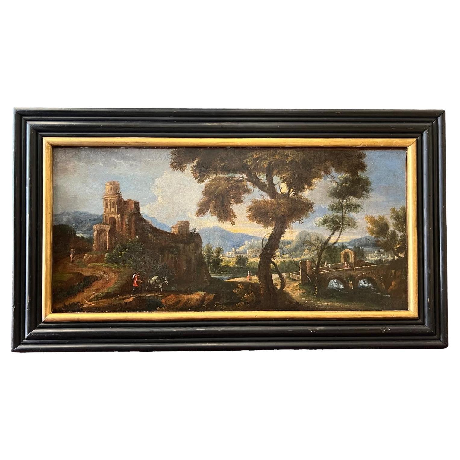 19. Jahrhundert Ölgemälde auf Leinwand 'Campagne et Chateau' in vergoldetem Rahmen im Angebot