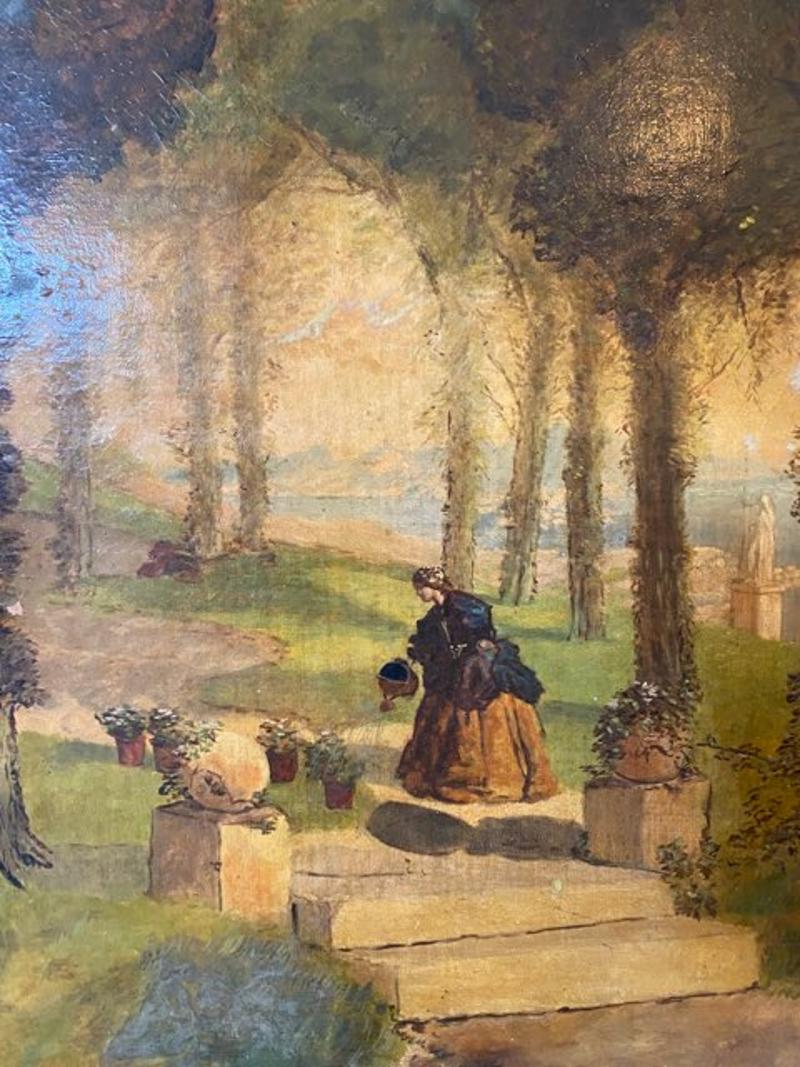 19. Jahrhundert Öl auf Leinwand Gemälde, das eine Dame im Garten in einem vergoldeten Rahmen darstellt
Britische Schule, England, 1801 - 1900 
Maße: Sicht: 24