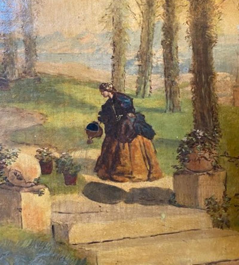 19th Century Oil on Canvas English Painting Depicting Lady in Garden In Good Condition For Sale In Middleburg, VA