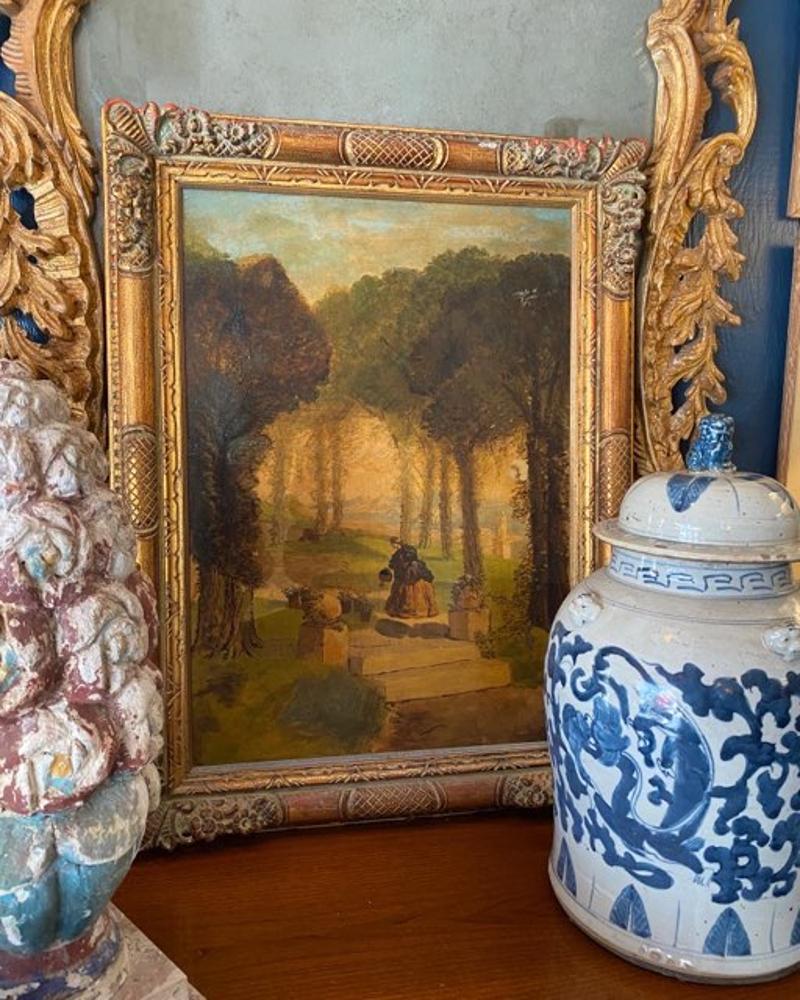 19th Century Oil on Canvas English Painting Depicting Lady in Garden For Sale 3