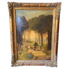 19th Century Oil on Canvas Painting Depicting Lady in Garden in Gold Gilt Frame