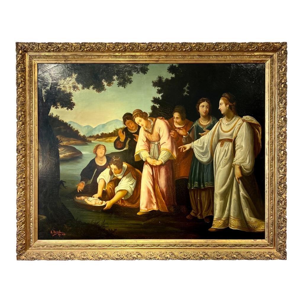 Huile sur toile du XIXe siècle représentant Moïse sauvé du Nil