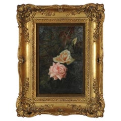 Antique 19th Century Oil on Canvas Painting Depicting Roses Among Vines and Leaves