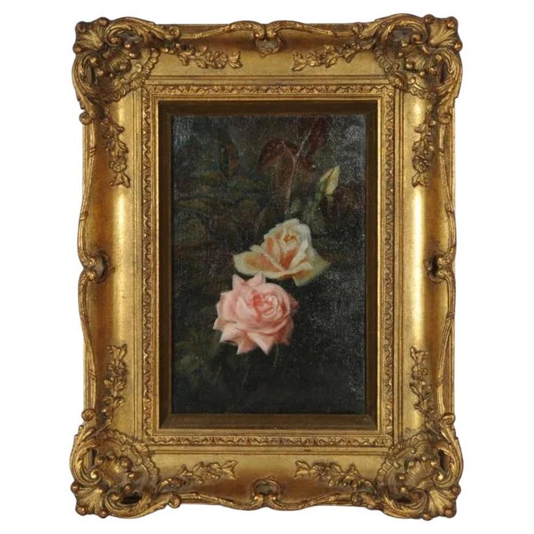 19th Roses 19th Century Oil on Canvas Painting Depicting Roses Among Vines and ...