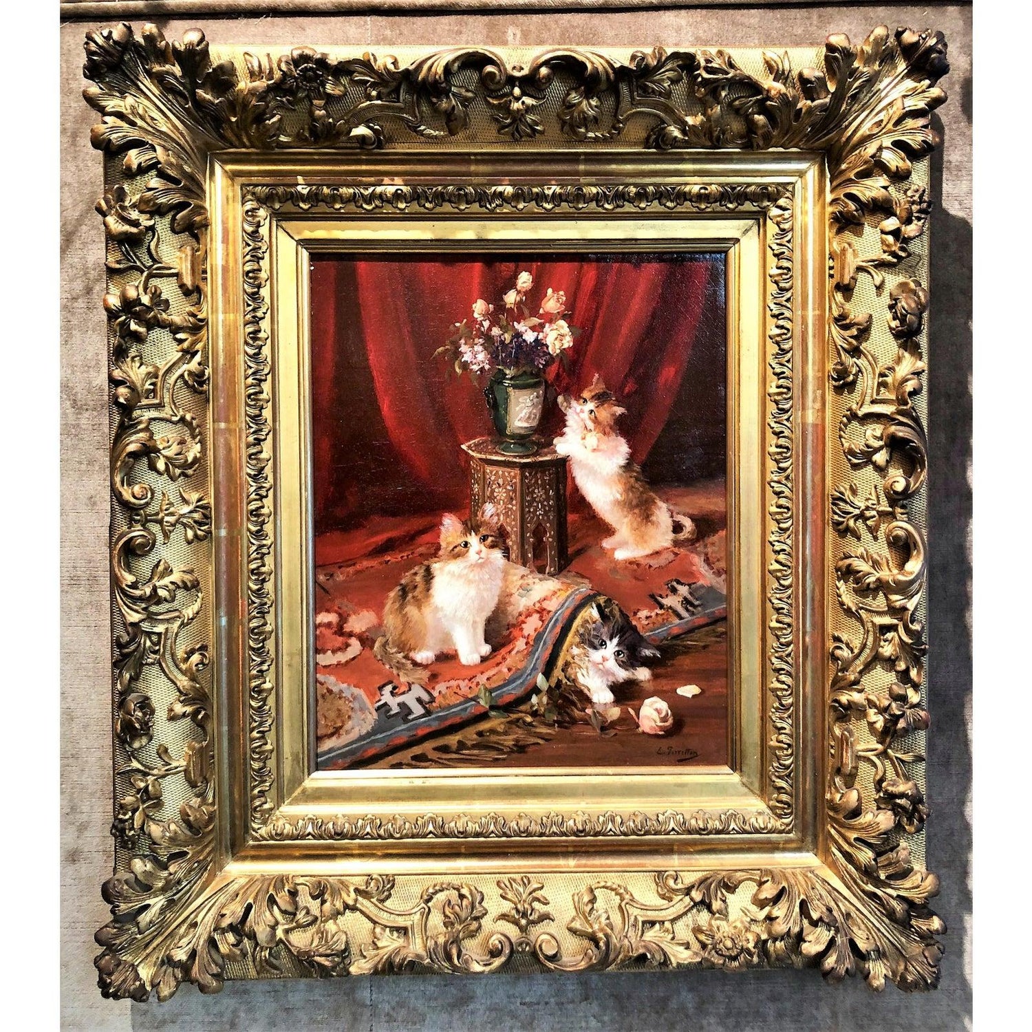 19th Century Oil On Canvas Painting Kittens At Play Signed E
