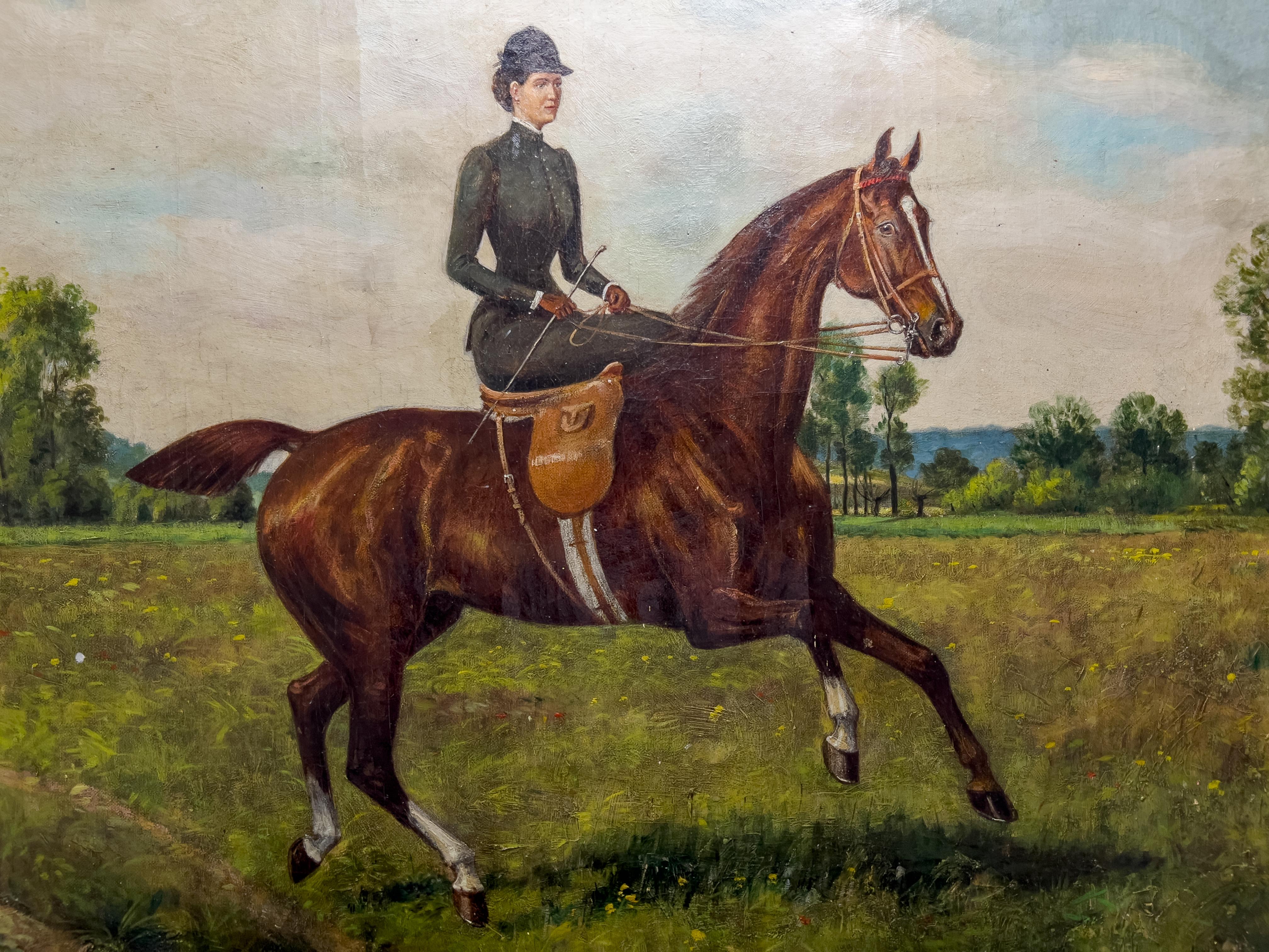 19th century English oil on canvas painting of a lady riding her horse side saddle on a green field, Excellent detail of the horse muscular definition. Wonderfully detail and charming scene on a subject that was hugely popular during the period