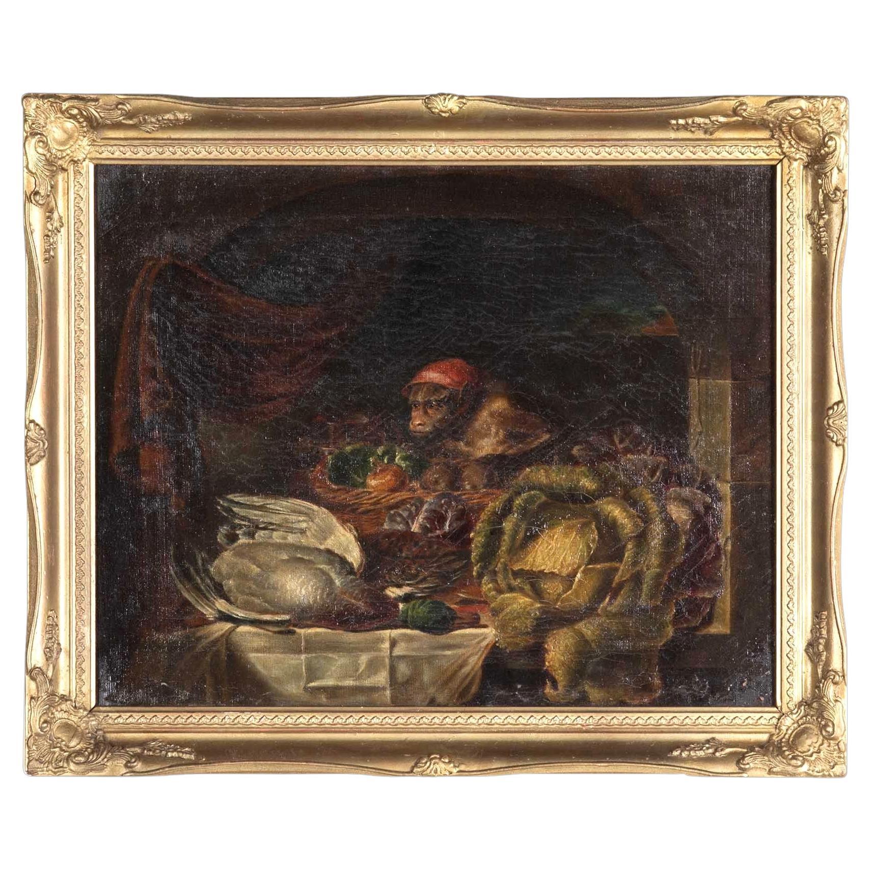 19th Century Oil on Canvas Painting of a Monkey For Sale