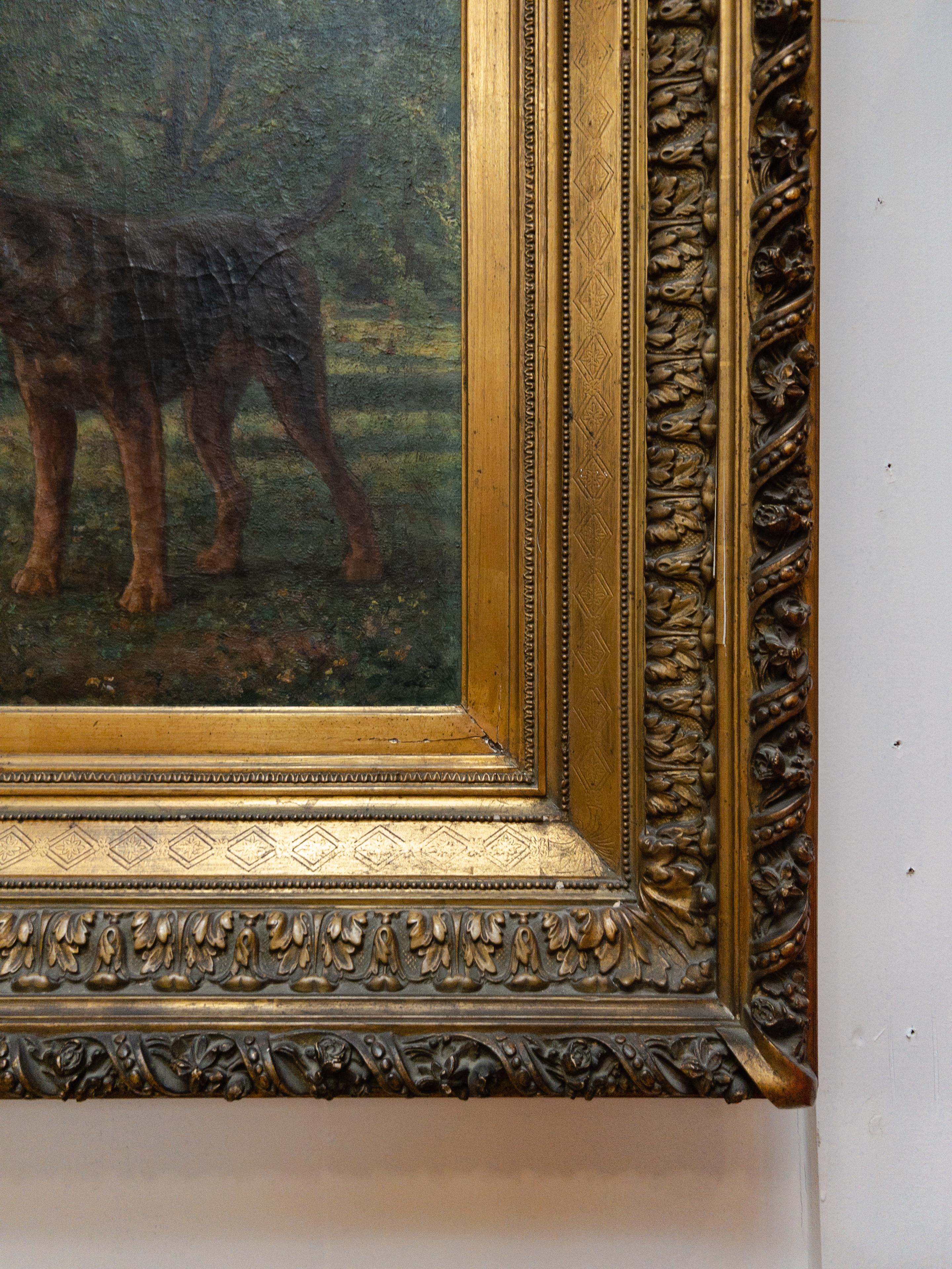 19th century oil on canvas painting of dogs in gilt frame by Charles Boland.
