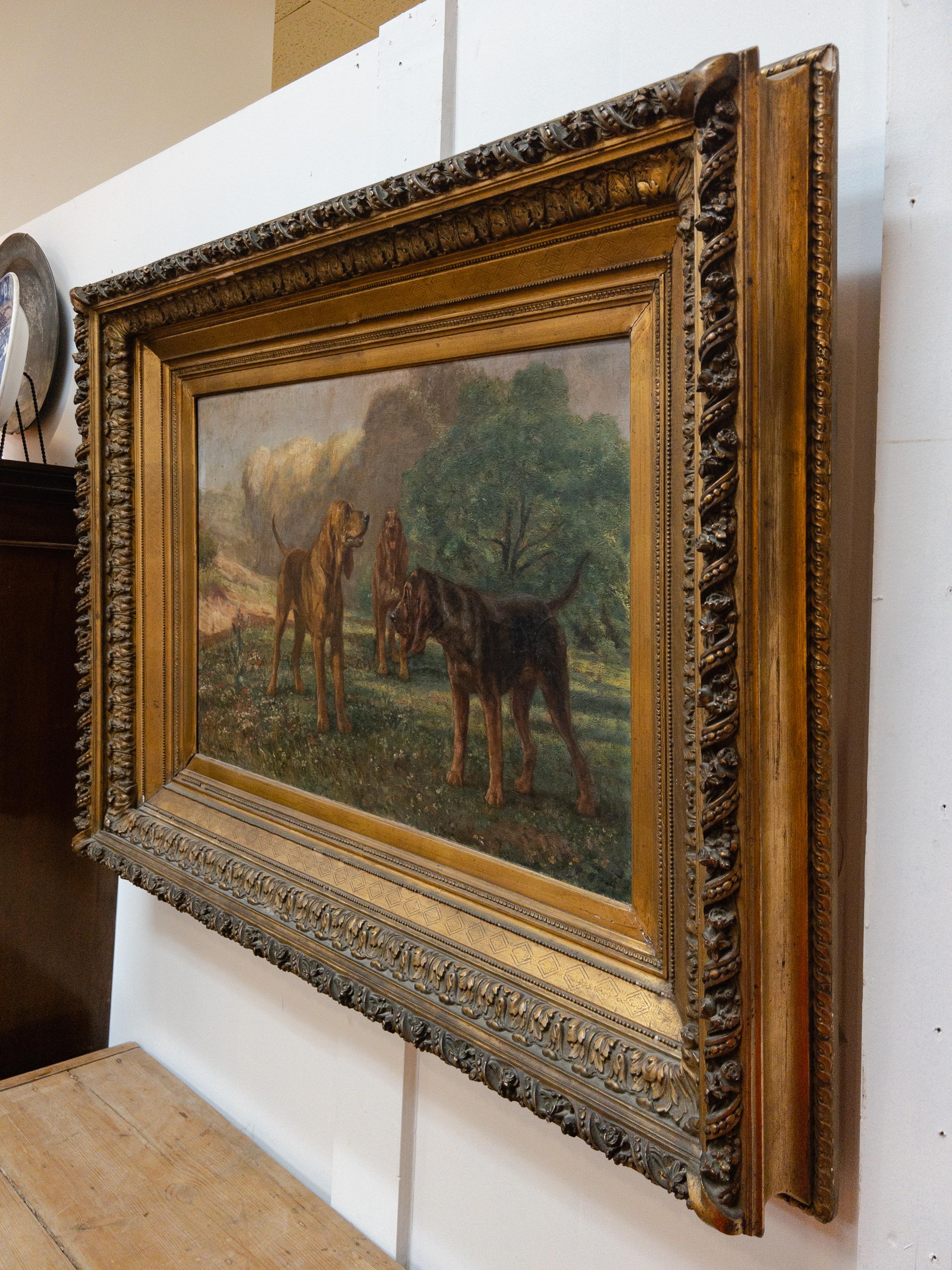 Painted 19th Century Oil on Canvas Painting of Dogs in Gilt Frame by Charles Boland For Sale