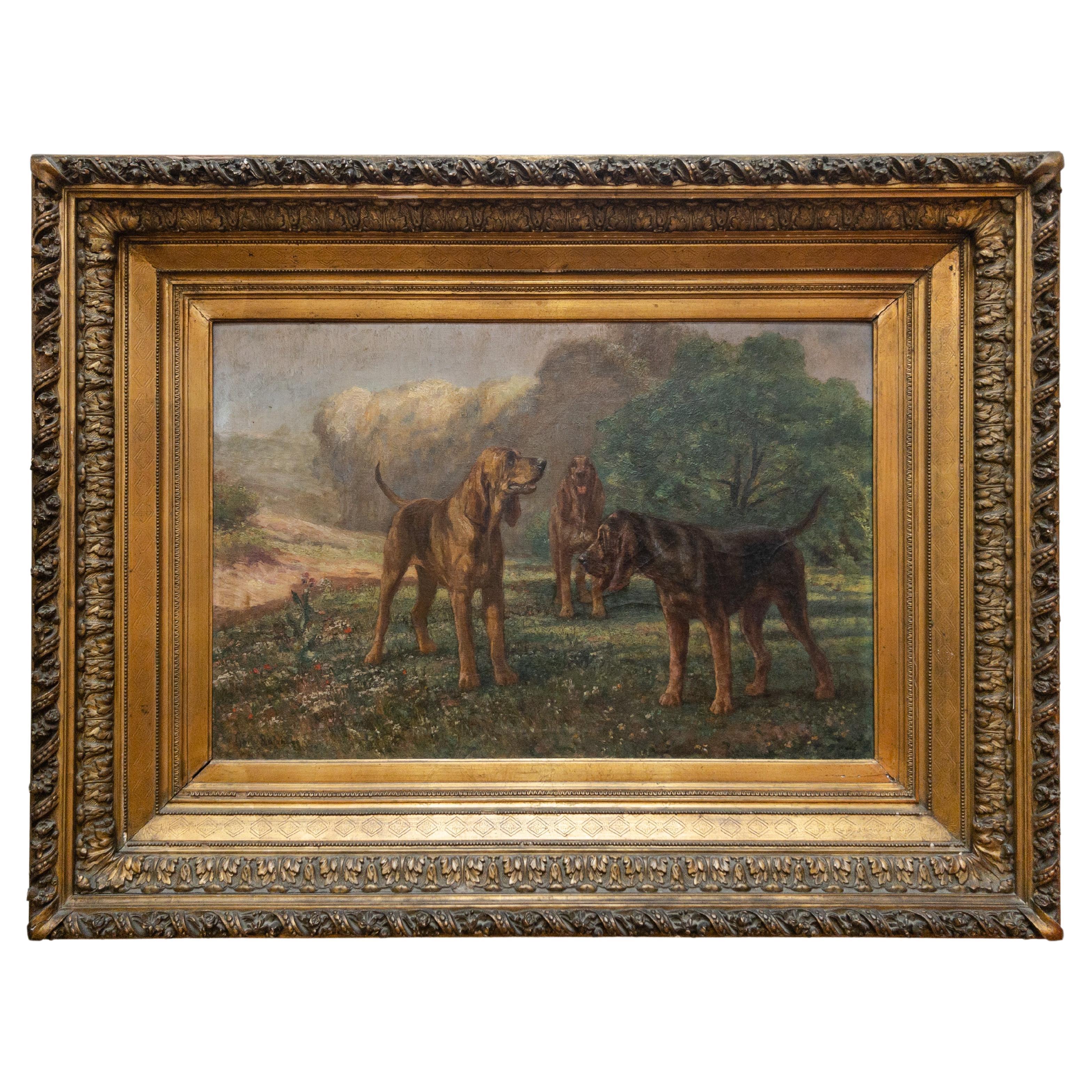 19th Century Oil on Canvas Painting of Dogs in Gilt Frame by Charles Boland For Sale