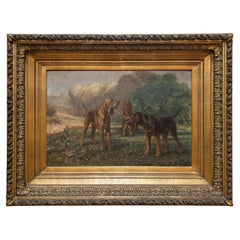 Huile sur toile du 19e siècle représentant des chiens dans un cadre doré par Charles Boland
