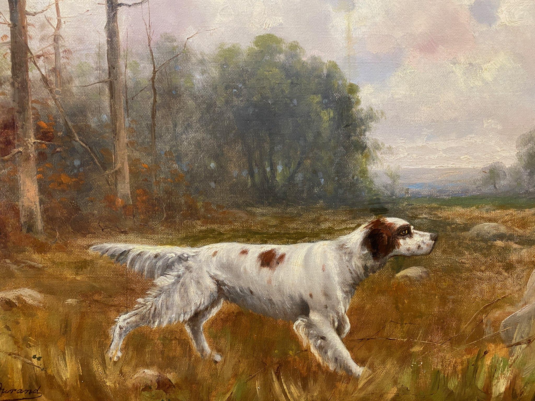 19th century oil on canvas painting of English Setter in an autumn field. In period gilt gesso frame. Signed J.C. Durand who is known for paintings of hunting dogs and landscapes. Signed lower left corner. 
Provenance: The collection of Mark Smith