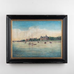19th Century Oil on Canvas Painting of Harbor Scene by Georg Jensen, Dated 1911