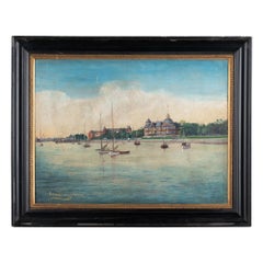 19th Century Oil on Canvas Painting of Harbor Scene by Georg Jensen, Dated 1911